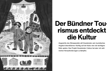 Artitgels en il magazin Saiten da Davide Gadze cun illustraziun da Nina Schweizer (foto: © Saiten Magazin) Illustraziun da titel da l'artitgel en il Saiten Magazin da Davide Gadze cun illustraziun da Nina Schweizer